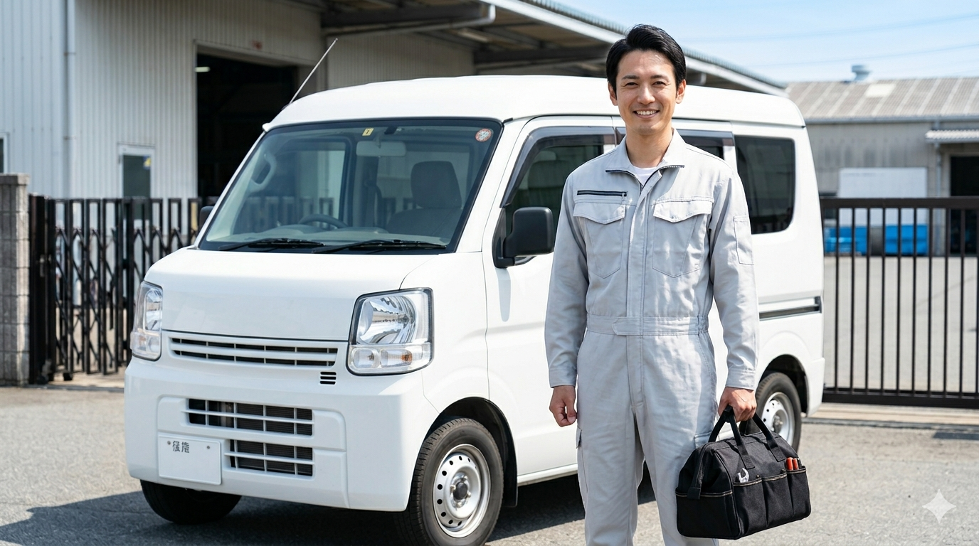 サービスエンジニア 現場出発 社用車 作業服